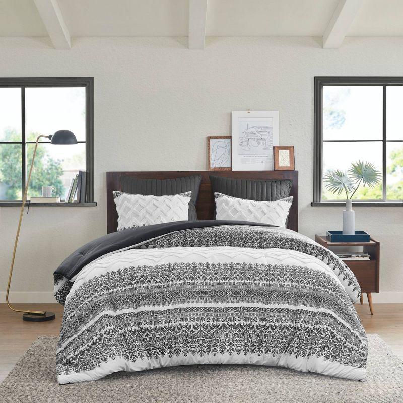 King Gray Cotton Reversible Comforter Set with Tufted Chenille