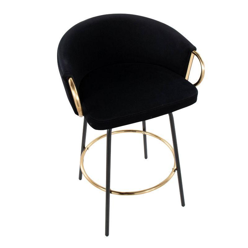 Set of 2 Claire Upholstered Counter Height Barstools Black/Gold Accents - LumiSource: Velvet, Swivel, Steel Legs