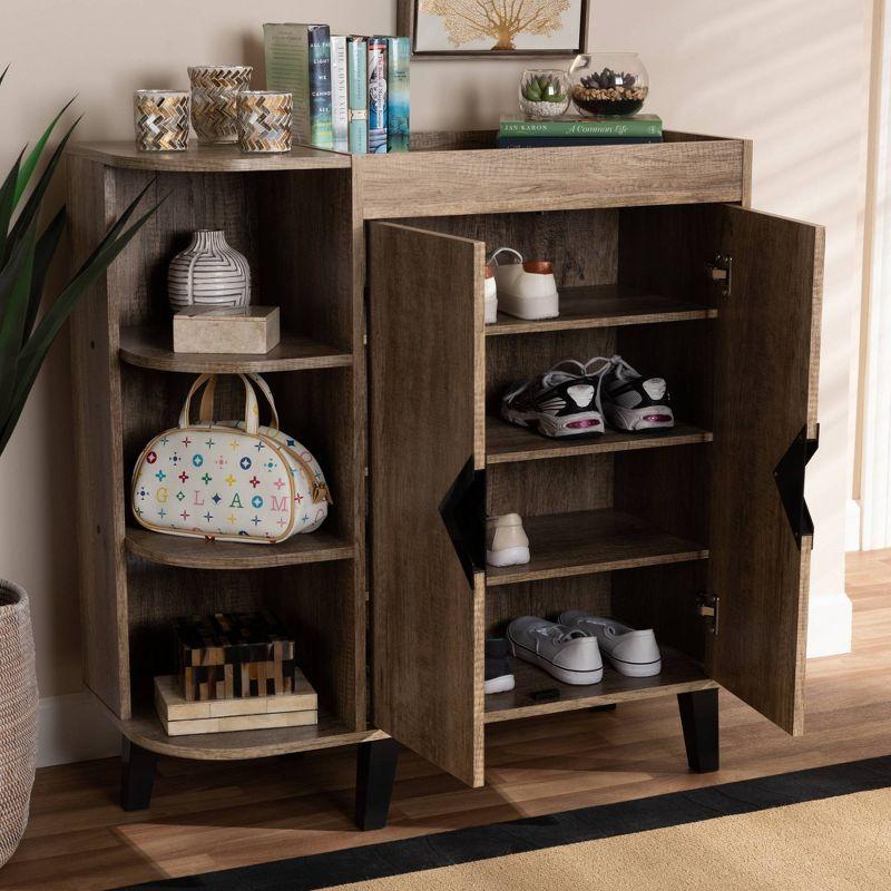 Rustic Oak 2-Door Shoe Cabinet with Open Shelves