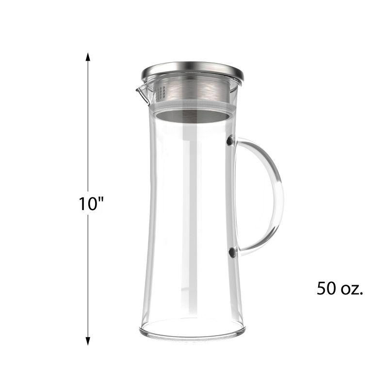 Glass Pitcher-50oz. Carafe with Stainless Steel Filter Lid- Heat Resistant to 300F-For Water, Coffee, Tea, Punch, Lemonade and More by Classic Cuisine