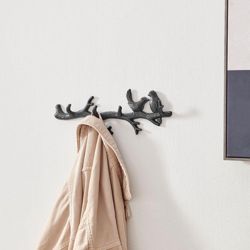 Danya B. Dark Brown Cast Iron Birds on Tree Branch Decorative Wall Sculpture Utility Hook Unit with 4 Hooks