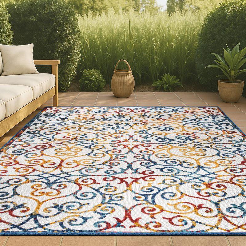 3'x5' Atrani Scroll Trellis Indoor/Outdoor Area Rug, Cream/Blue/Red - JONATHAN Y