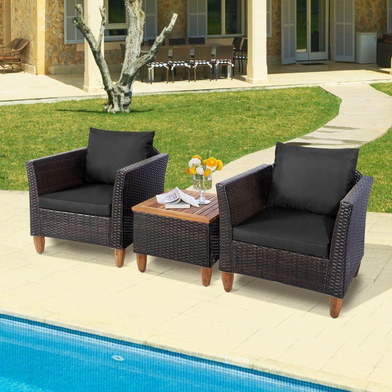 Costway 3PCS Outdoor Patio Rattan Furniture Set Wooden Table Top Cushioned Sofa Black