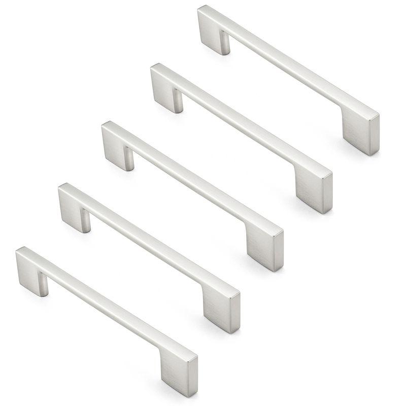 Cauldham Solid Kitchen Cabinet Pulls Handles (5" Hole Centers) - Modern Thin Profile Drawer/Door Hardware - Style M255 - Satin Nickel - 5 Pack