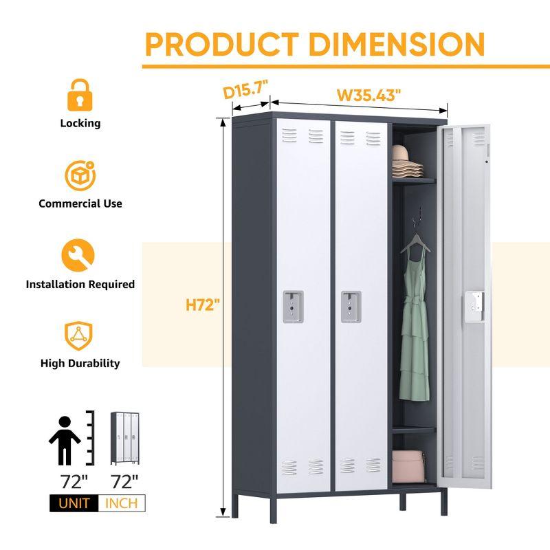 AOBABO 3 Door Steel Storage Cabinet Metal Industrial Locker with 2 Shelves for Employees, School, Office, Gym, or Bedroom, Gray