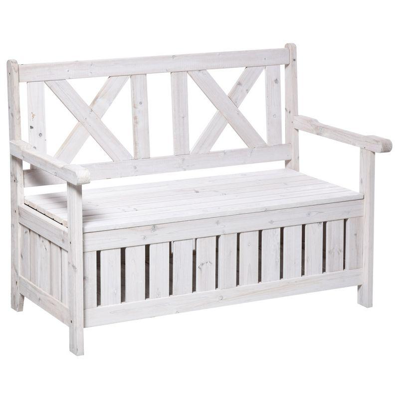 White Fir Wood Garden Storage Bench with Louvered Panels