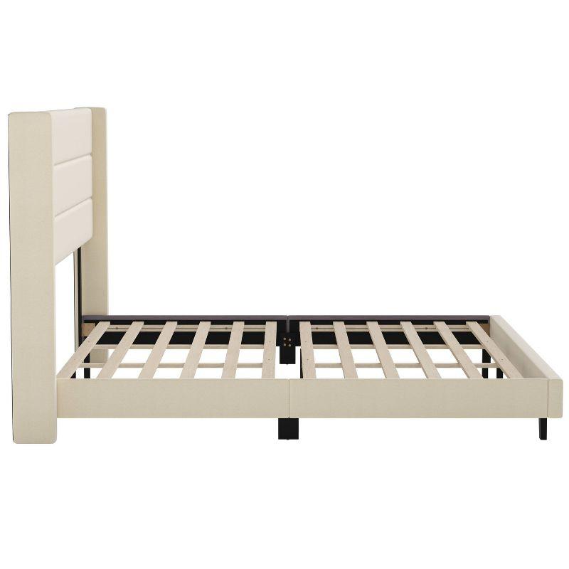 Taylor & Logan King 47" High Hilton Platform Bed Beige: Wingback Headboard, Faux Linen, Foam Padding, Wooden Slat Support