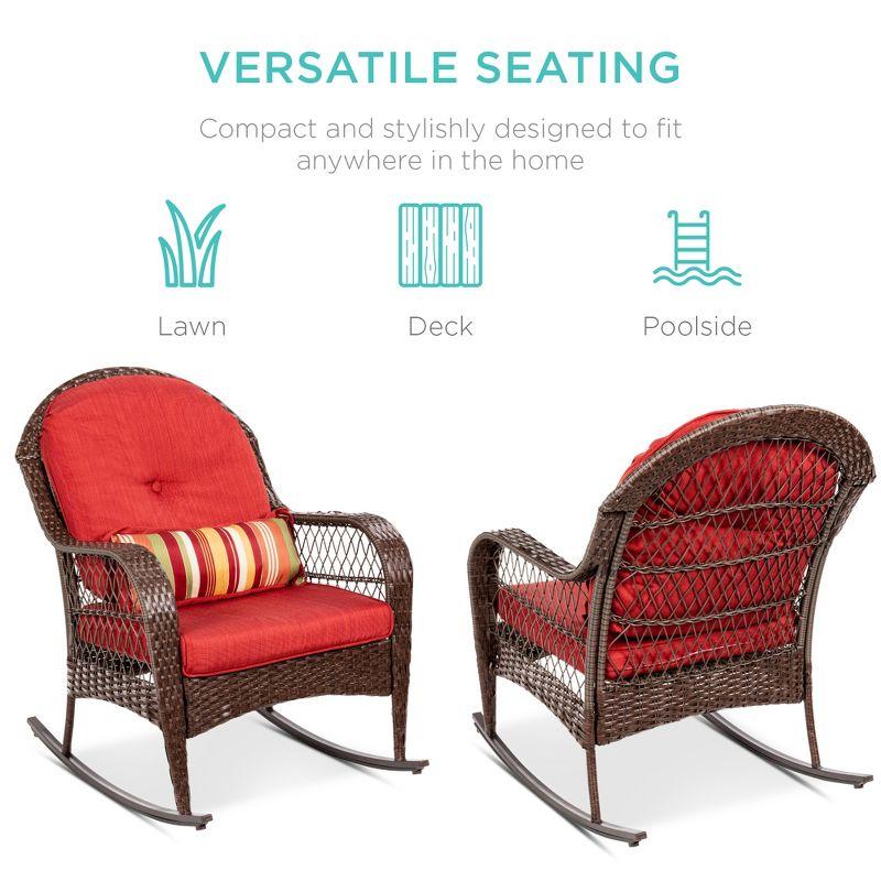 Best Choice Products Outdoor Wicker Rocking Chair for Patio, Porch w/ Steel Frame, Weather-Resistant Cushions - Red