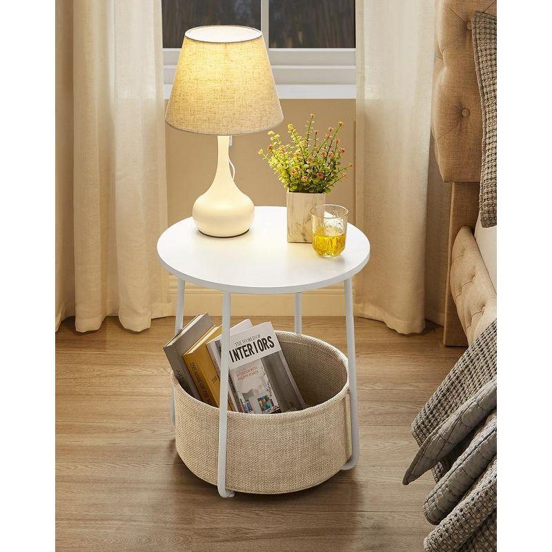 Small White Metal Round Side Table with Fabric Basket