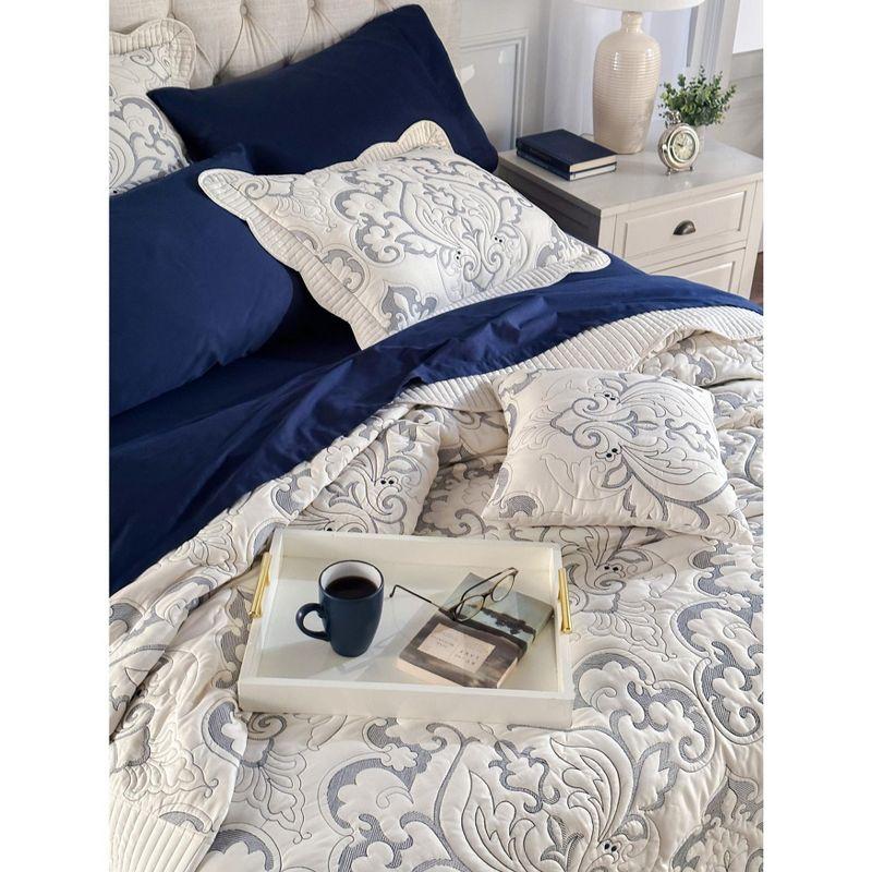 Navy Full Embroidered Polyester Damask Sheet Set