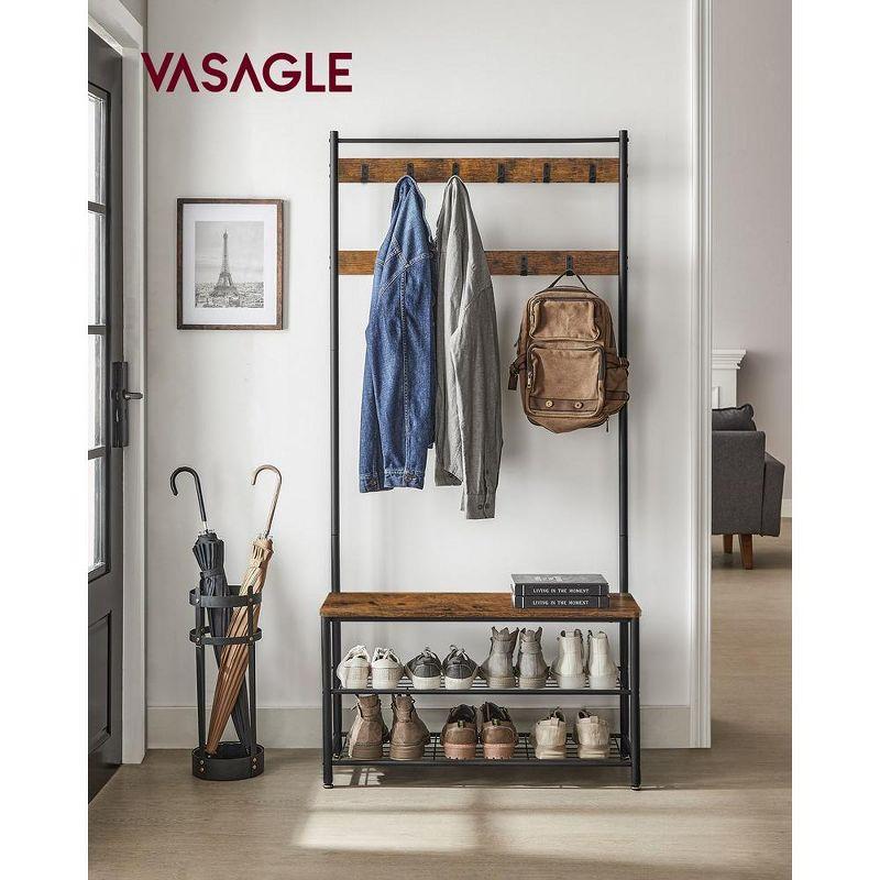 VASAGLE Hall Tree Entryway Coat Rack with Shoe Bench Rustic Walnut and Black