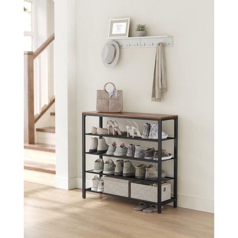 Rustic Brown Industrial 5-Tier Metal Shoe Rack with Mesh Shelves