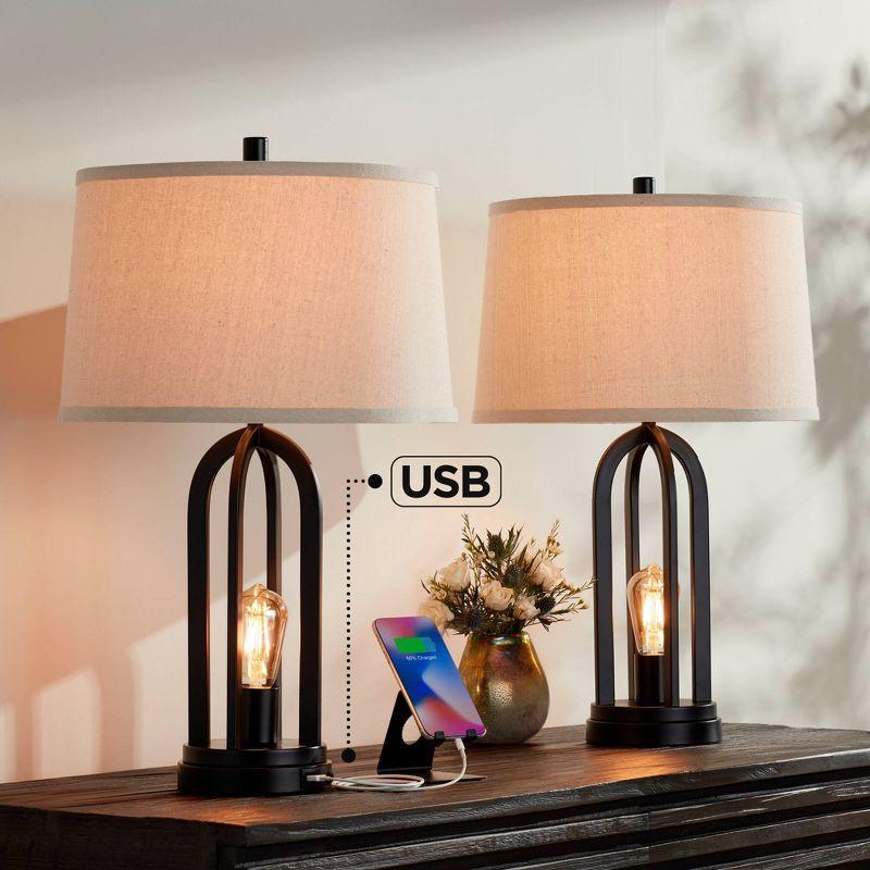 360 Lighting Marcel Industrial Table Lamps 24 1/4" High Set of 2 Black with LED Nightlight USB Port Natural Shade for Bedroom Living Room House Desk