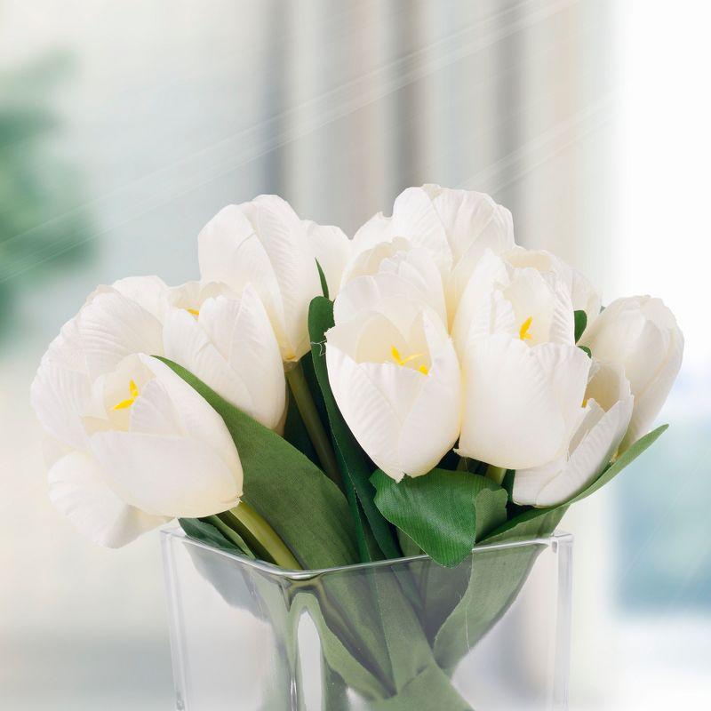 Tulip Floral Arrangement in Vase- 24 Cream Artificial Flowers with Leaves in Decorative Clear Glass Square Bowl & Faux Water for Décor by Pure Garden