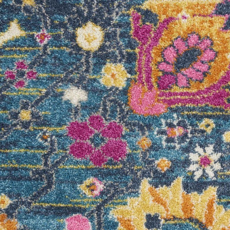 Denim Blue Floral Round Synthetic Area Rug 5'3"