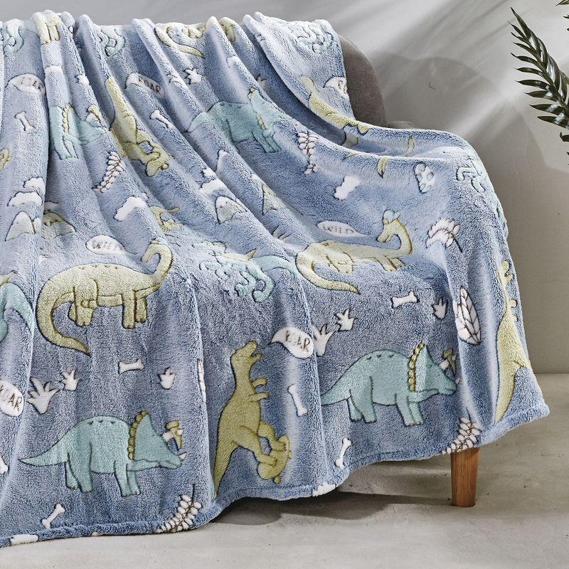 Blue Glow-in-the-Dark Dinosaur Knitted Throw Blanket