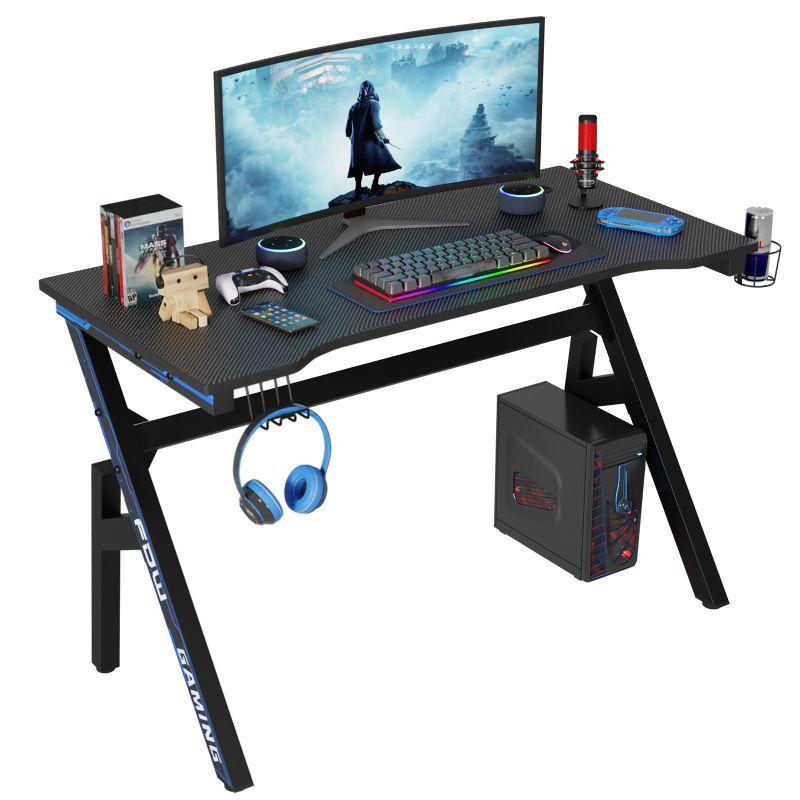 FDW 47 Inch Gaming Desk PC Carbon Fiber Table Ultimate Gamer Workstation with Cup Holder & Headphone Hook for Home Office