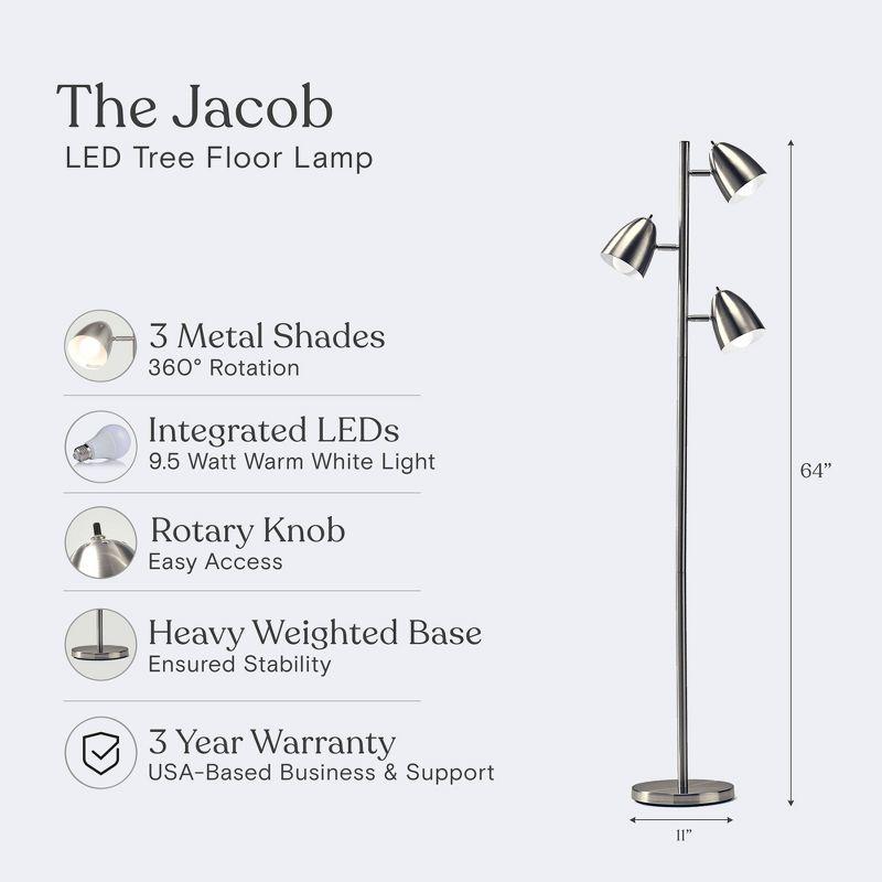 Brightech Jacob 64" Modern 3-Light Adjustable LED Floor Lamp with Silver Finish and Metal Cone Shades, Bulbs Included