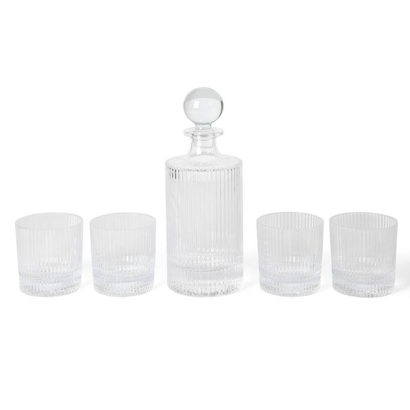 Clear Ribbed Glass Decanter and 4 Lowball Glass Set