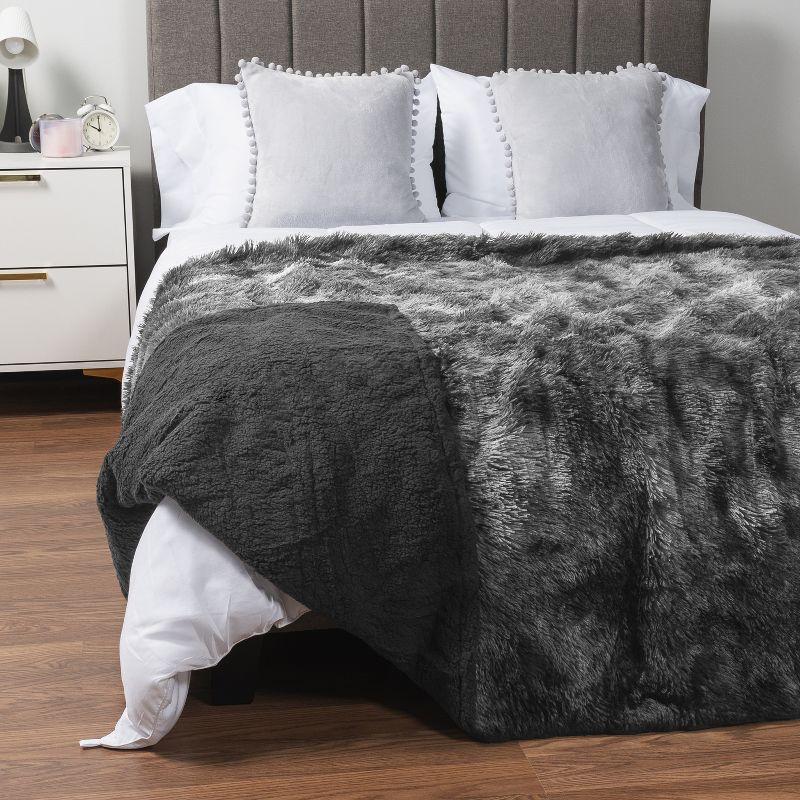 PAVILIA Fluffy Faux Fur Reversible Throw Blanket for Bed, Sofa, and Couch