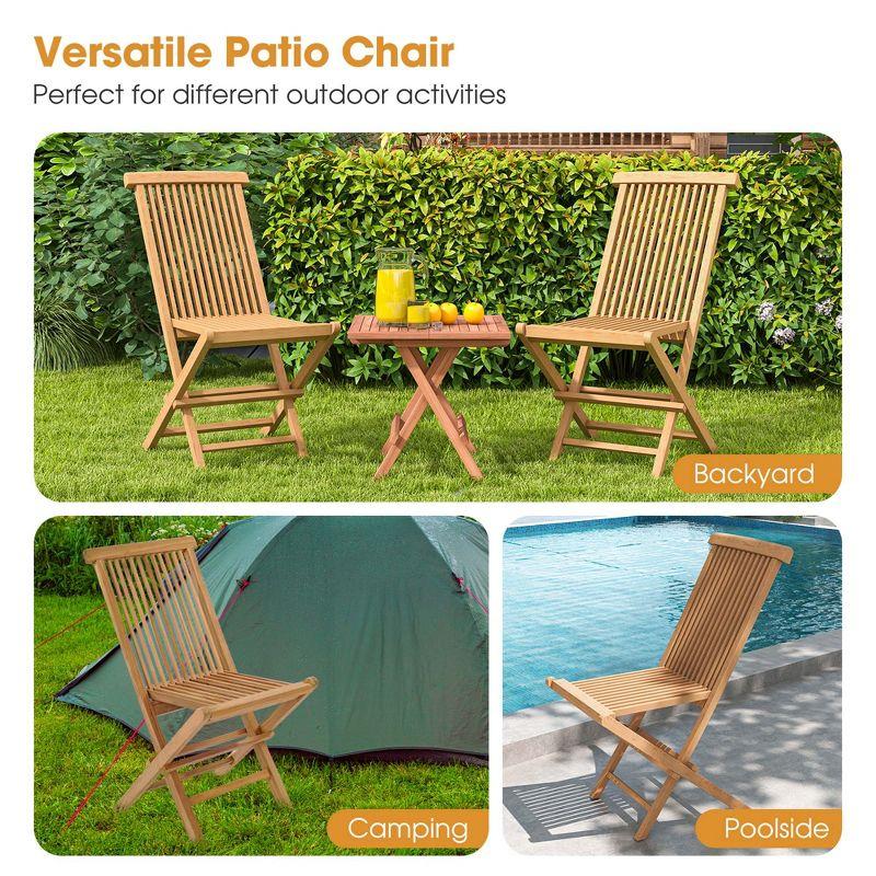 Costway 2 PCS Patio Folding Chair Indonesia Teak High Back Dining Slatted Seat Portable Outdoor