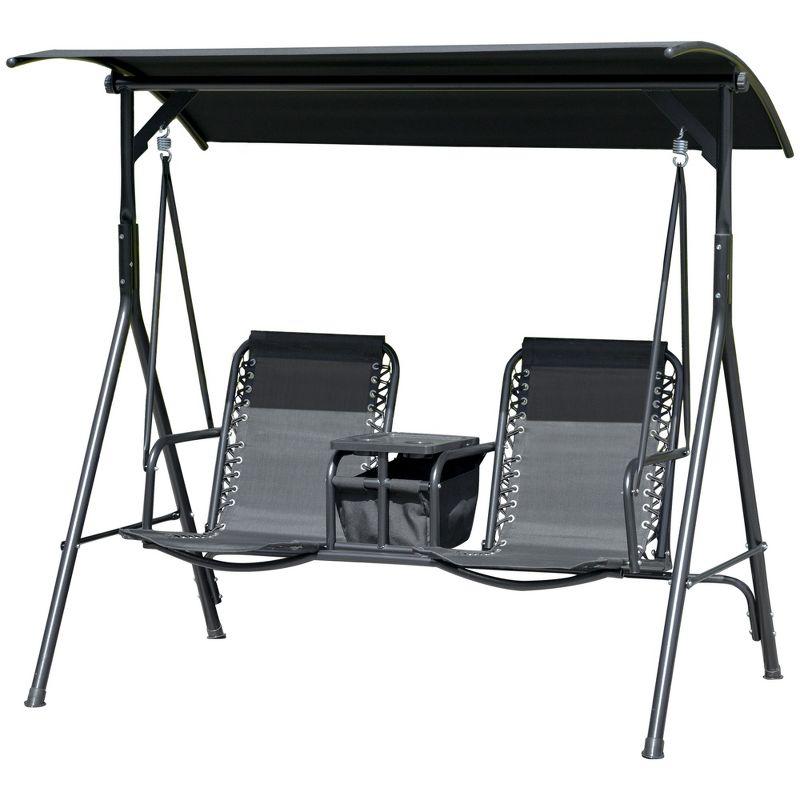 Outsunny 2 Person Porch Swing with Canopy, Covered Patio Swing with Pivot Storage Table, Cup Holder, & Adjustable Overhead Canopy, Black