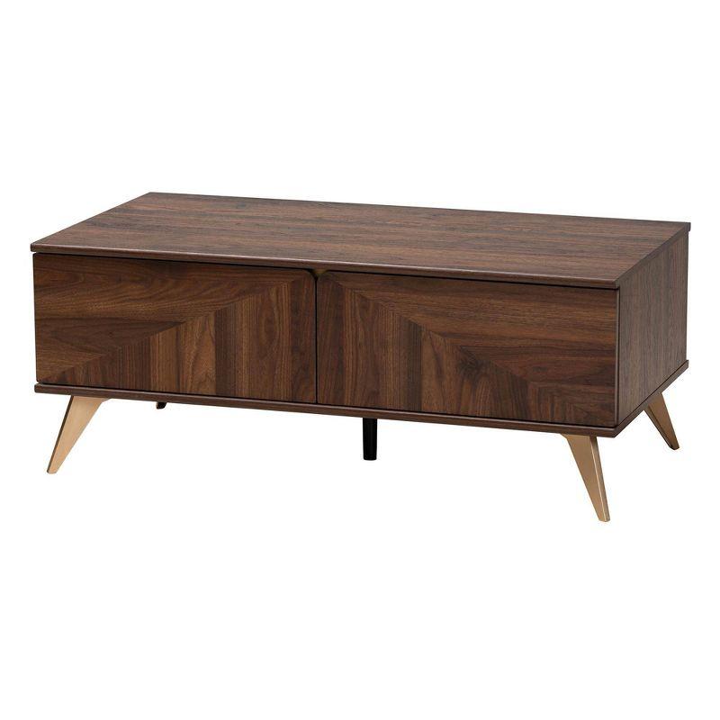 Graceland 2 Drawer Wooden Coffee Table Walnut Brown/Gold - Baxton Studio: Mid-Century Storage, Rectangular Shape