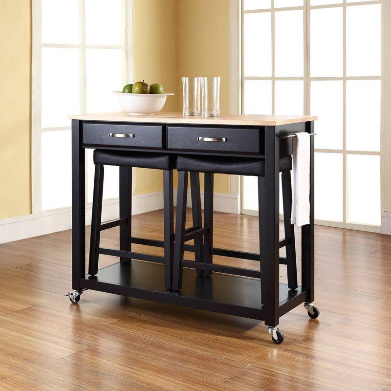 Wood Top Kitchen Prep Cart with 2 Upholstered Saddle Stools Black - Crosley: Mobile Island, Storage, Towel Bar