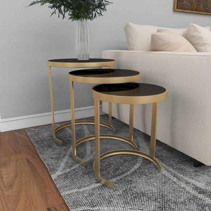 Elegant Gold Metal and Mirrored Glass Round Nesting Tables, Set of 3