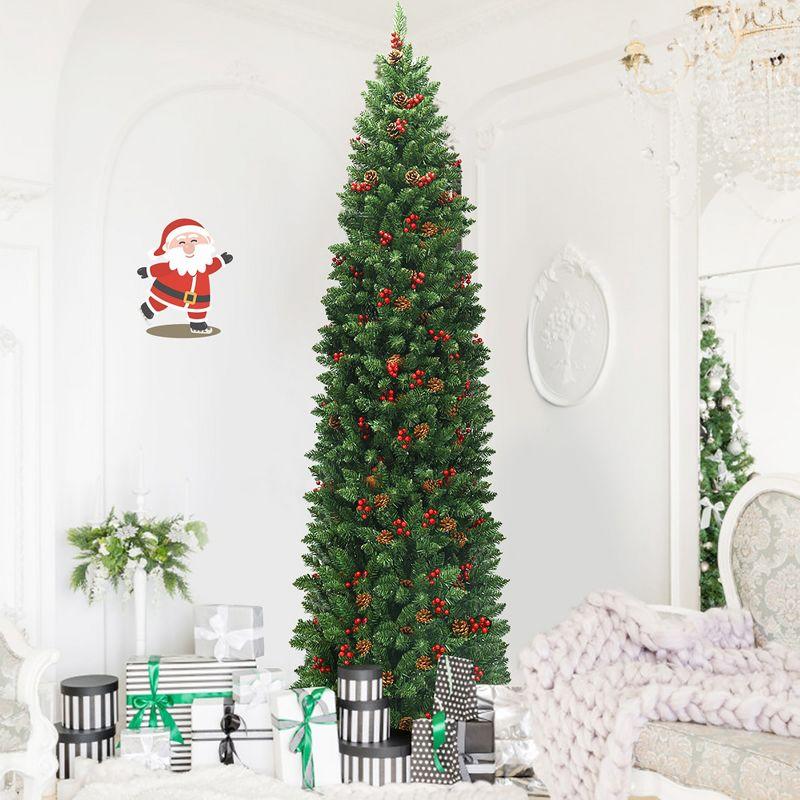 Costway 7.5Ft Pre-lit Hinged Pencil Christmas Tree w/Pine Cones Red Berries & 350 Lights