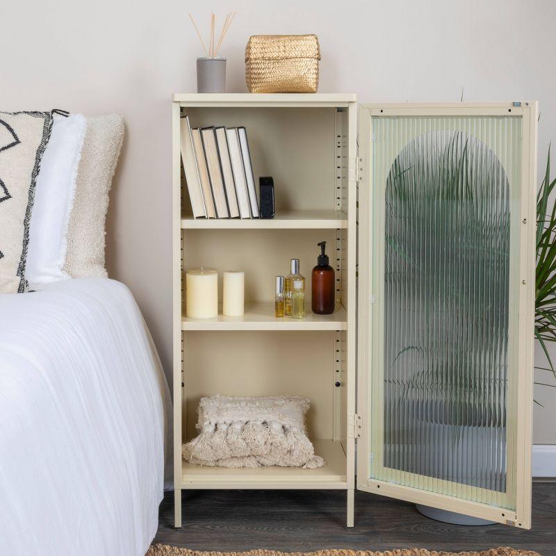 Storied Home Solstice Narrow Metal Accent Cabinet: Arched Glass, Off-White Display Storage