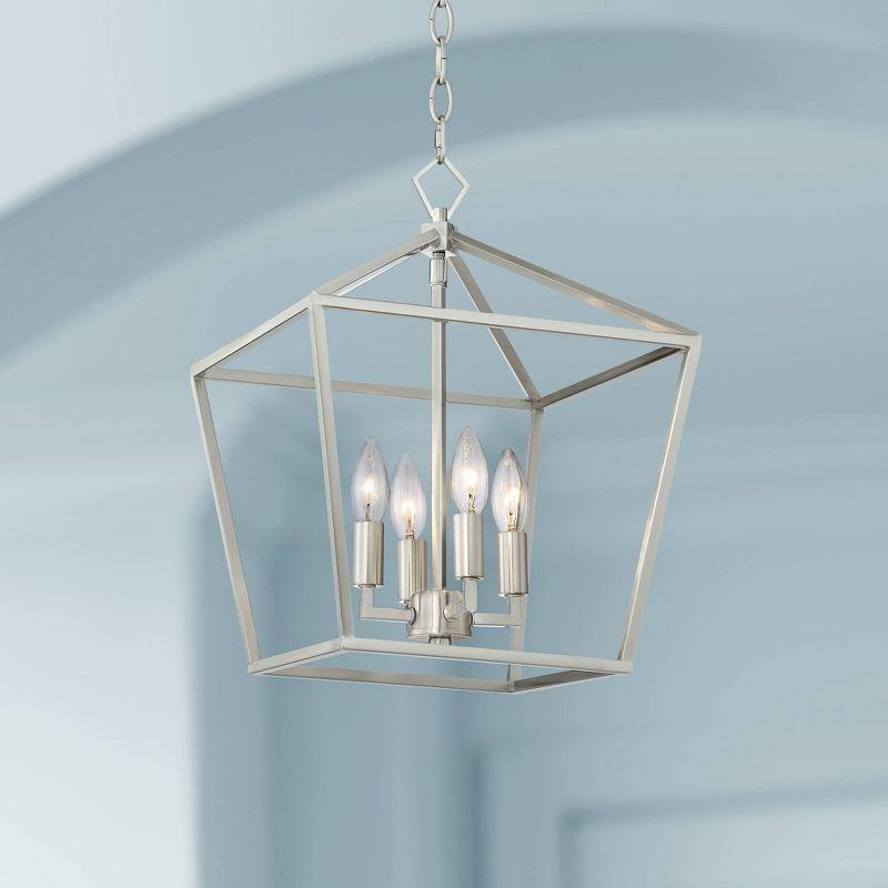 Franklin Iron Works Queluz Brushed Nickel Pendant Chandelier 13" Wide Modern Industrial Geometric Cage 4-Light Fixture for Dining Room Kitchen Island