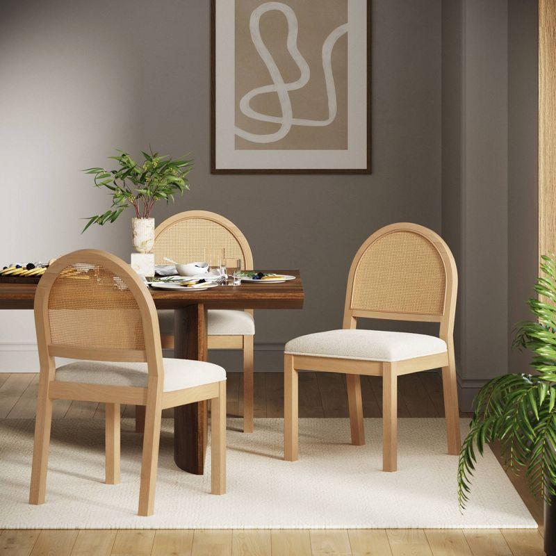 Nathan James Rattan Curved Dining Chair Natural Boucle: Upholstered Cotton, Wood Frame, Armless Design