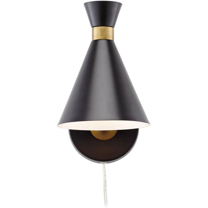 360 Lighting Venice Mid Century Modern Wall Lamps Set of 2 Matte Black Brass Plug-in 6 1/4" Light Fixture Cone Shade for Bedroom Reading Living Room
