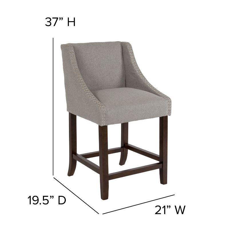 Merrick Lane 24 Inch Walnut Counter Height Stool with Nailhead Trim in Light Gray Fabric - Set of 2