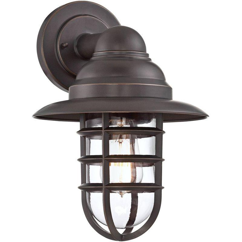 John Timberland Marlowe Industrial Rustic Wall Light Sconce Bronze Hardwire 9 1/2" Fixture Hooded Cage Clear Glass for Bedroom Reading Living Room