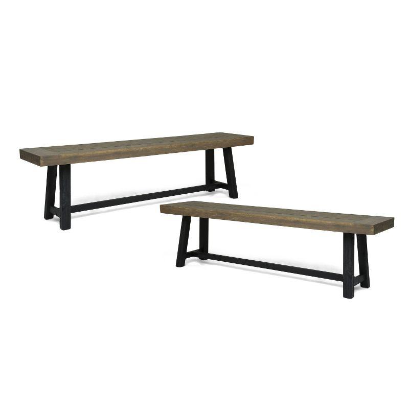 Acacia Wood Sandblasted Gray and Black Outdoor Bench Set