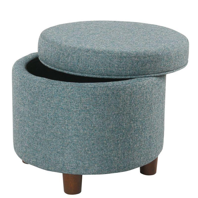 Mid-Century Modern Teal Tweed Round Storage Ottoman