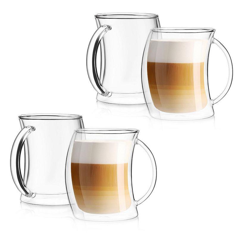 JoyJolt Caleo Collection Glass Coffee Cups - Set of 4 Double Wall Insulated Mug Glass  - 13.5-Ounces