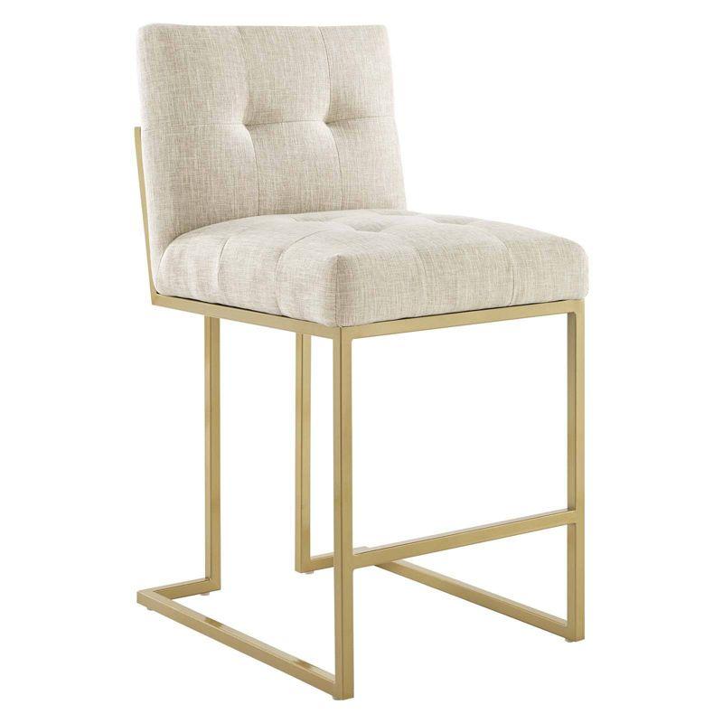 Privy Beige Upholstered Fabric Counter Stools with Gold Metal Base, Set of 2