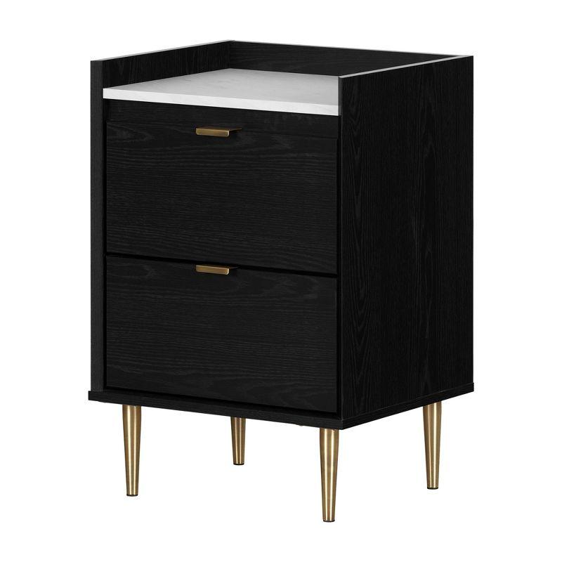 Black Oak and Faux Carrara Marble 2-Drawer Nightstand with Brass Legs