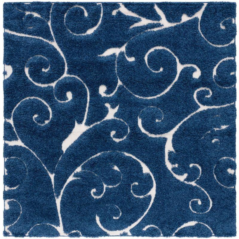 Elegant Dark Blue and Cream Square Synthetic Shag Rug 4' x 4'