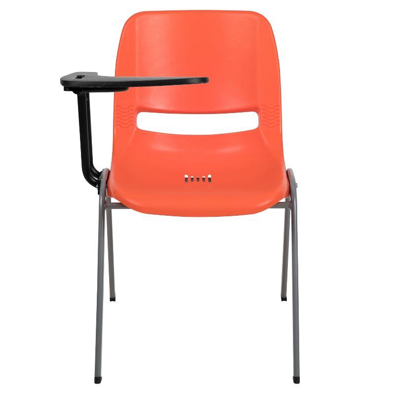 Compact Orange Ergonomic Shell Chair with Flip-Up Tablet Arm