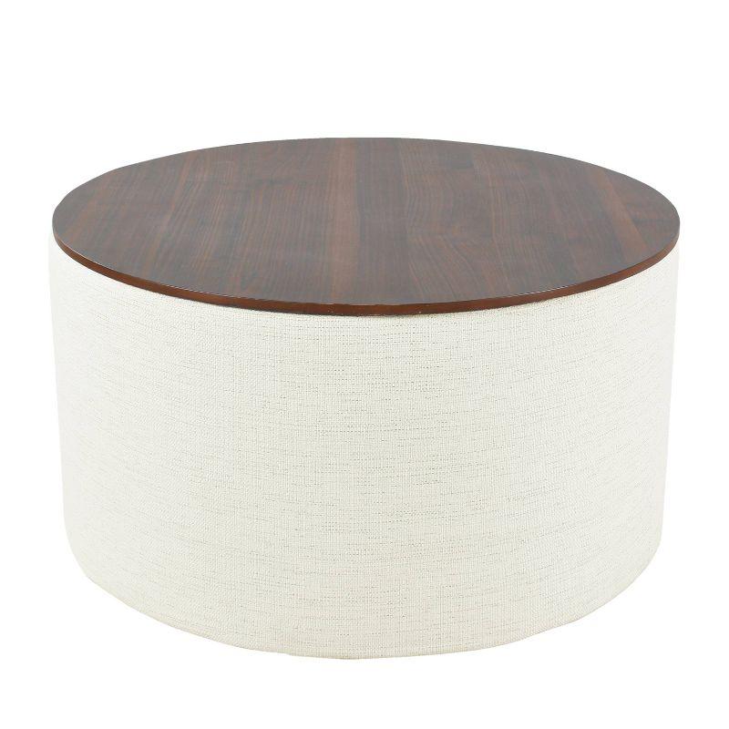 Modern Cream Woven Storage Ottoman with Dark Walnut Wood Top 31"