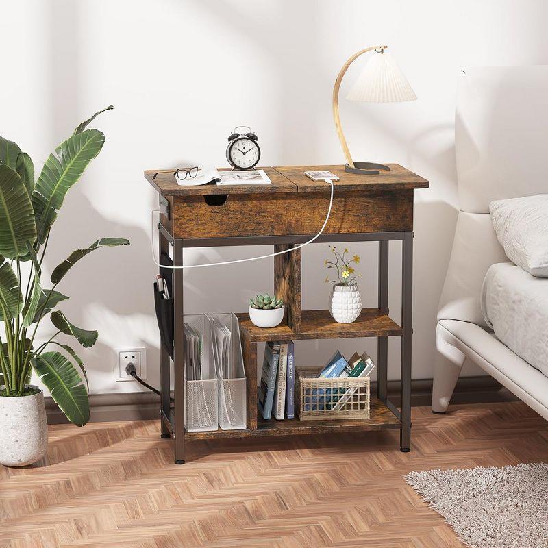 End Table with Charging Station, Narrow Side Table Nightstand with Outlets USB Ports and Storage