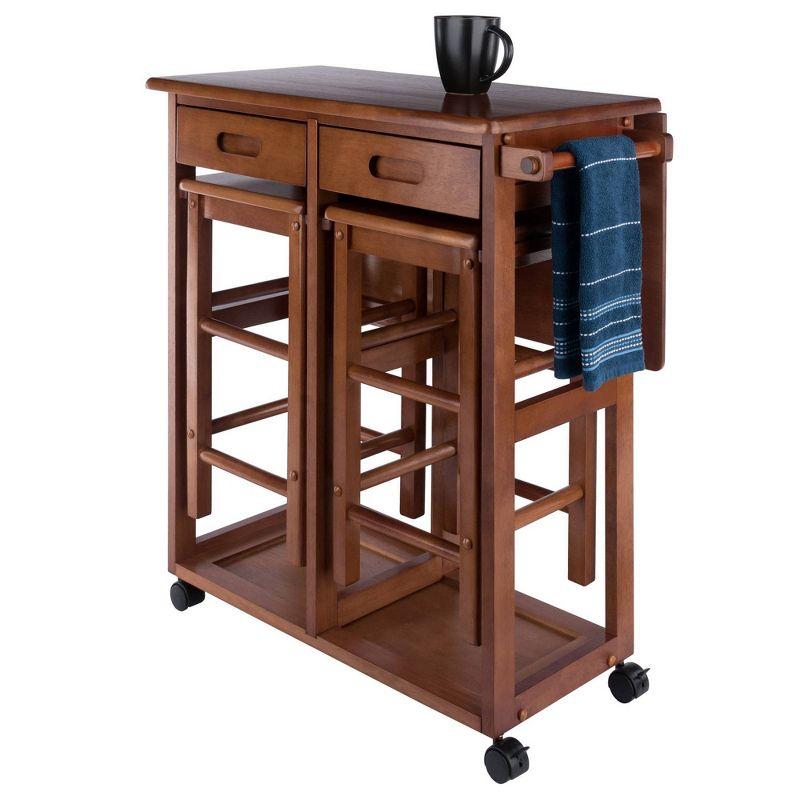 3pc Suzanne Space Saver Drop Leaf Dining Set Teak - Winsome: Compact, Storage Drawers & 2 Stools