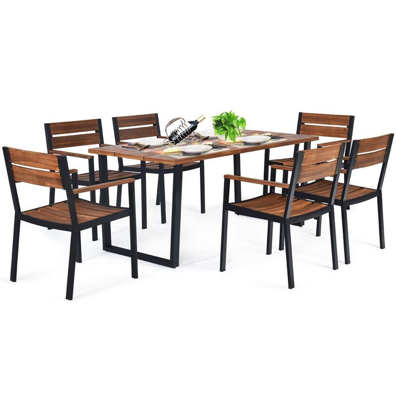 Costway 7PCS Patented Patio Dining Chair Table Set Acacia Wood Backyard W/Umbrella Hole