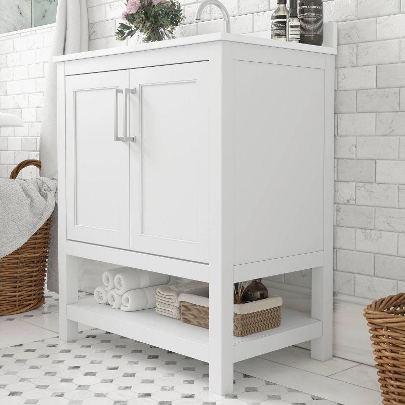 Taylor & Logan 30" Vivien Bathroom Vanity White: Carrara Marble Countertop, Ceramic Sink, Adjustable Shelf