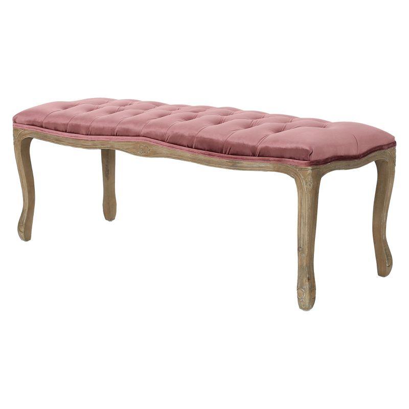 Blush Velvet Tufted Bench with Natural Rubberwood Legs