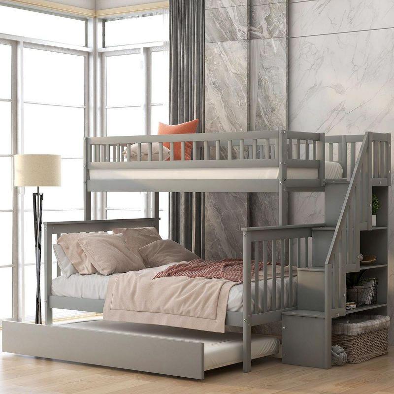 Streamdale Twin over Full Bunk Bed with Trundle and Staircase,Gray